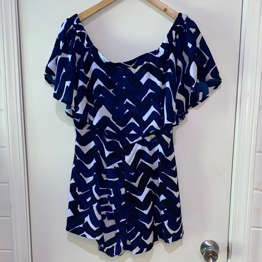 Flying Tomato Navy and White Chevron Off-Shoulder Skort